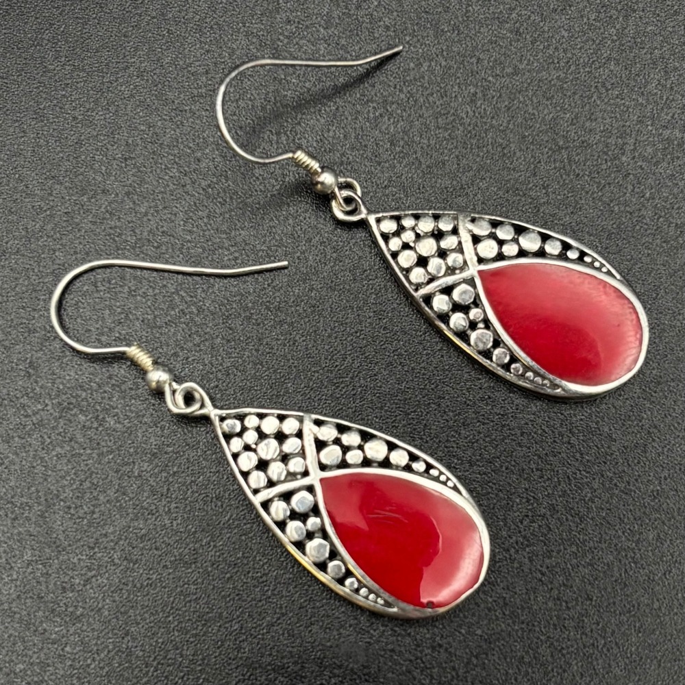 Vintage Sterling Silver Dangle Earrings Red Stone Teardrop Textured Dot 1.8"